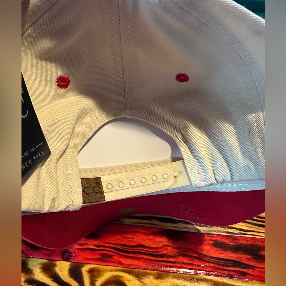 Red and White Cap with Embroidered Text - Picture 3 of 3